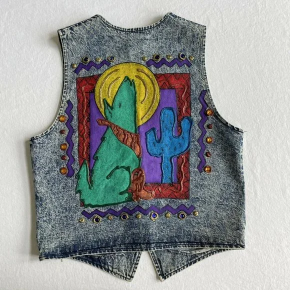 Vintage 80s 90s Hand Painted South Western Acid Wash Denim Vest MEDIUM - Picture 1 of 7